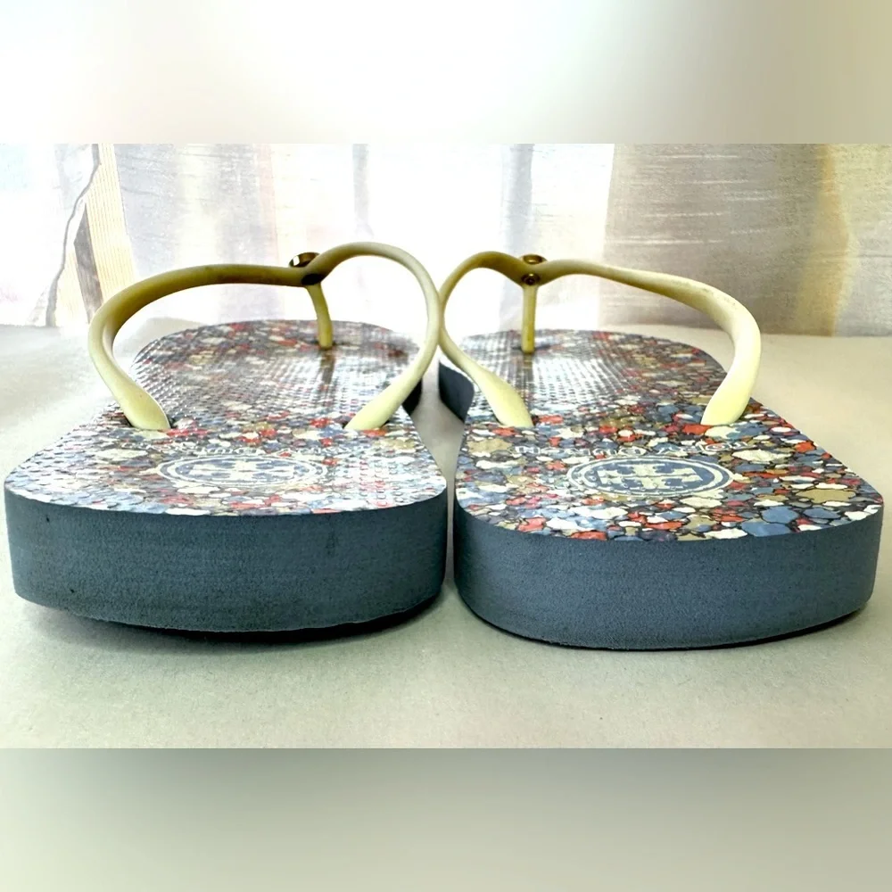 Tory Burch Festival Linosa Logo Thongs Sandals Leather Upper Blue Shoes 8